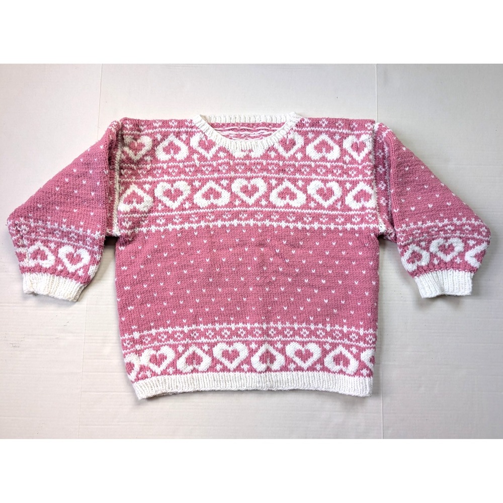 Vintage Handmade Knit Sweater Fits Womens Medium‎ Pink White Hearts 50s 60s